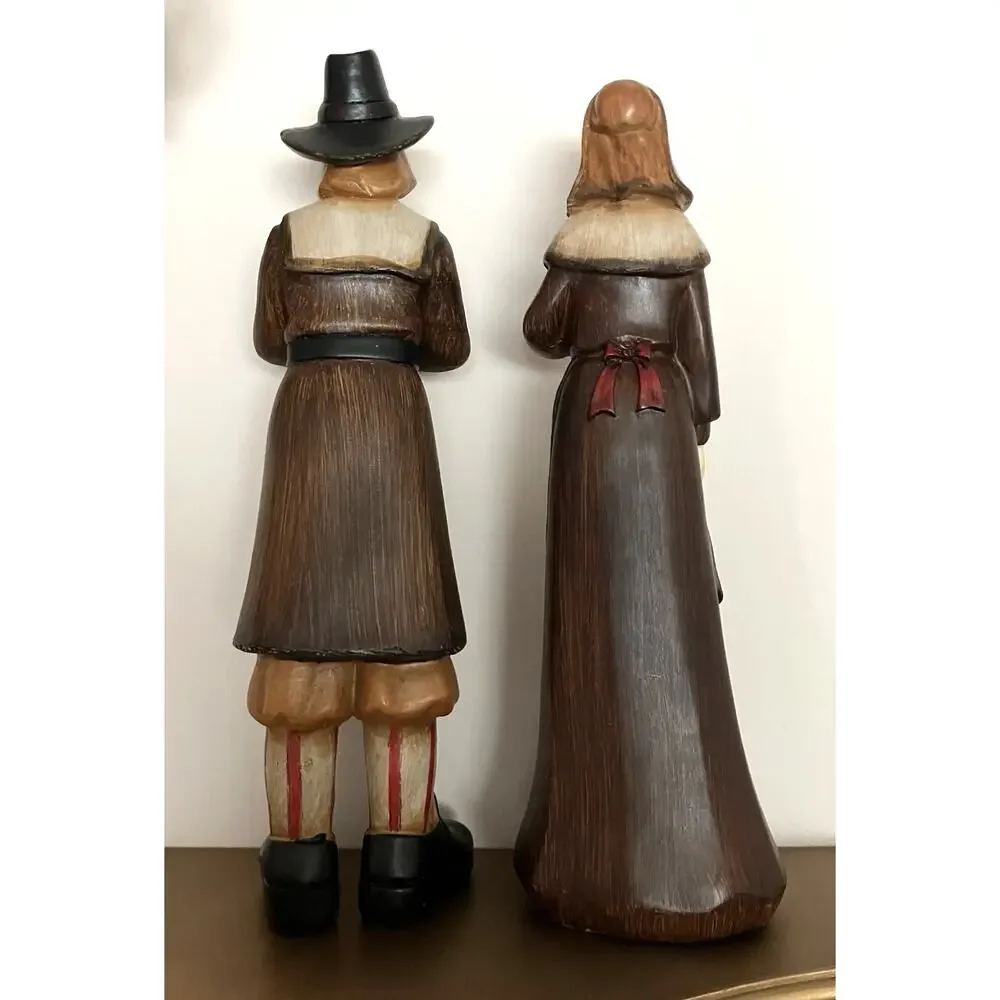 Vtg Faceless Thanksgiving Pilgrim Couple Figurines Hand-Painted Faux Wood Resin